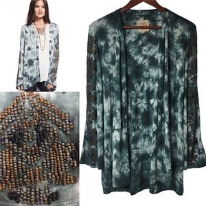 CHASER Tie Dye Kimono Open Cadigan Duster Beaded Sleeves BOHO Small
